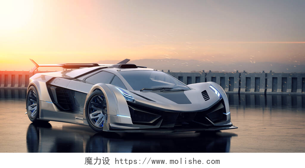 夕阳下的超级赛车3D渲染无品牌通用汽车